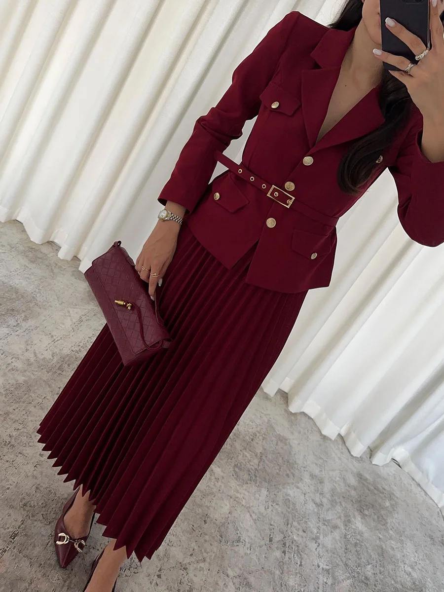 EMILIE™ - Chic Belted Blazer & Pleated Skirt Set