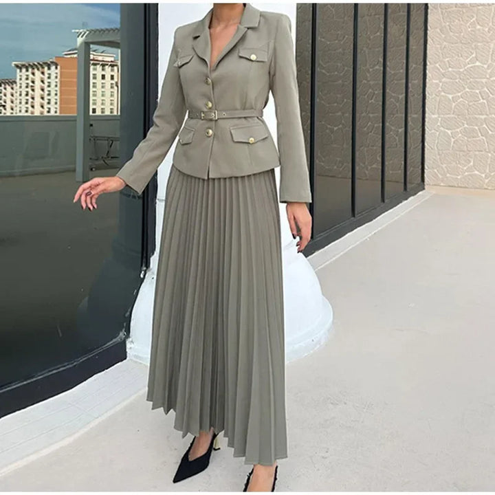 EMILIE™ - Chic Belted Blazer & Pleated Skirt Set