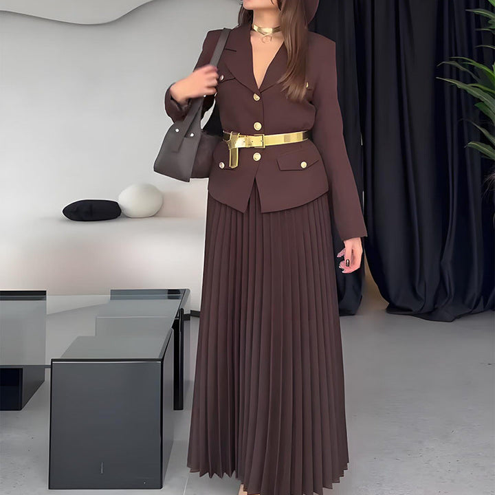 EMILIE™ - Chic Belted Blazer & Pleated Skirt Set