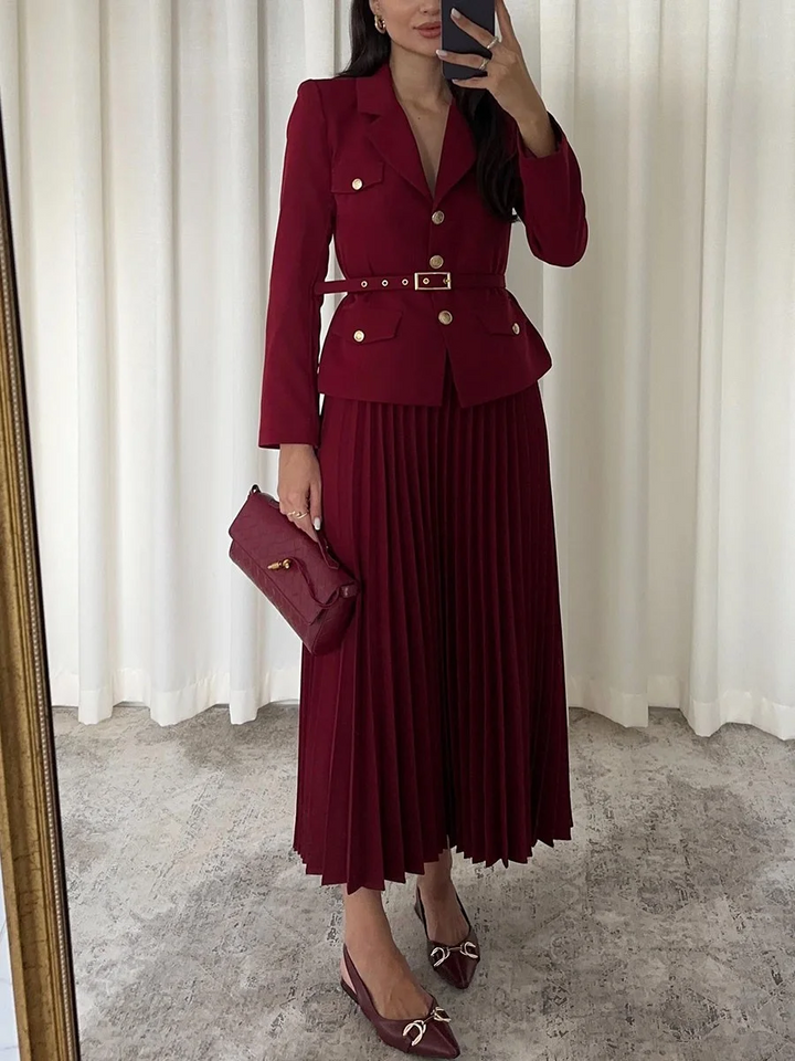 EMILIE™ - Chic Belted Blazer & Pleated Skirt Set